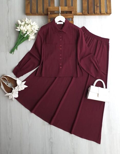 UGPE PİLİ ŞERİTLİ ÇİFT CEP KETEN ETEKLİ TAKIM 1754-04-BORDO - 1