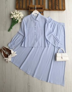 UGPE PİLİ ŞERİTLİ ÇİFT CEP KETEN ETEKLİ TAKIM 1754-10-MAVİ - 