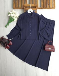 UGPE PİLİ ŞERİTLİ ÇİFT CEP KETEN ETEKLİ TAKIM 1754-12-LACİVERT - 