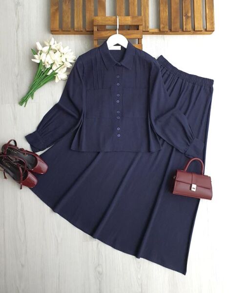 UGPE PİLİ ŞERİTLİ ÇİFT CEP KETEN ETEKLİ TAKIM 1754-12-LACİVERT - 1