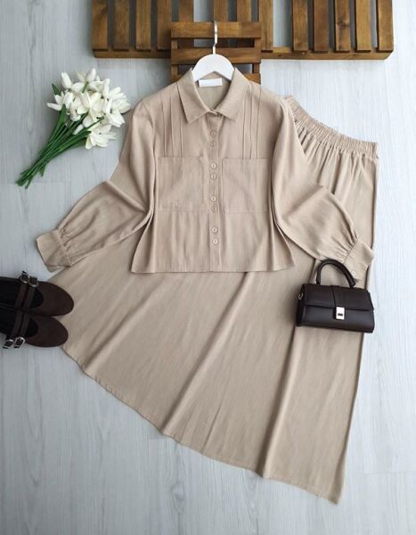 UGPE PİLİ ŞERİTLİ ÇİFT CEP KETEN ETEKLİ TAKIM 1754-34-BEJ - 1