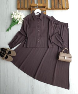 UGPE PİLİ ŞERİTLİ ÇİFT CEP KETEN ETEKLİ TAKIM 1754-37-KAHVE - 