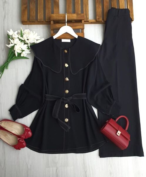 ULBIS BEBE YAKA ÇEŞİTLİ DÜĞMELİ KEMERLİ DİAGONAL CUPRA TUNİK KAP B2-1-5694-01-SİYAH - 1