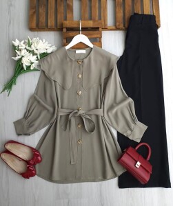 ULBIS BEBE YAKA ÇEŞİTLİ DÜĞMELİ KEMERLİ DİAGONAL CUPRA TUNİK KAP B2-1-5694-09-HAKİ - 1