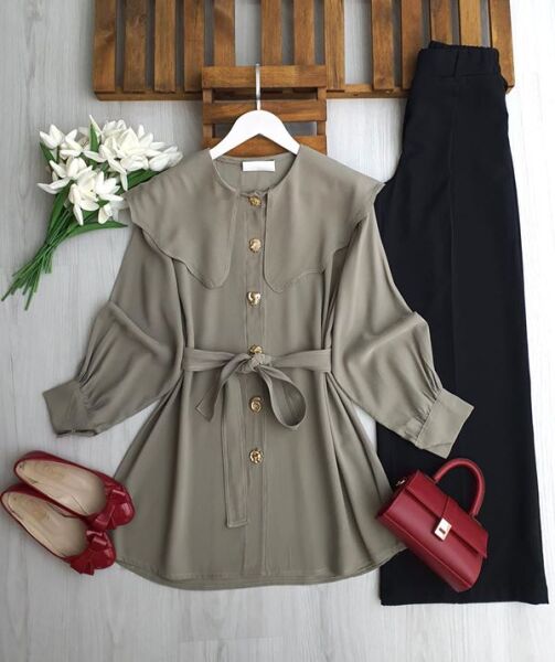 ULBIS BEBE YAKA ÇEŞİTLİ DÜĞMELİ KEMERLİ DİAGONAL CUPRA TUNİK KAP B2-1-5694-09-HAKİ - 1