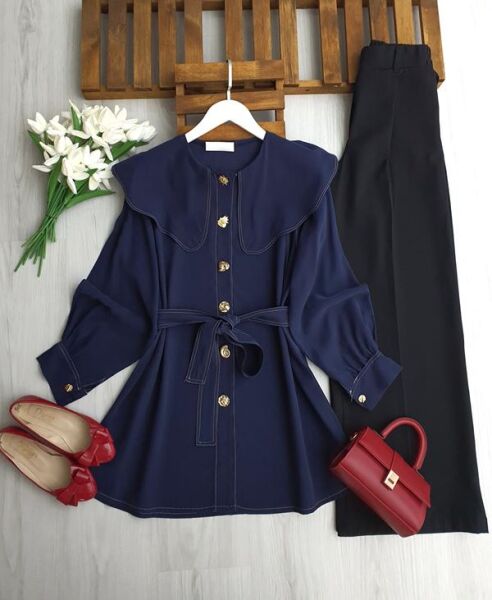 ULBIS BEBE YAKA ÇEŞİTLİ DÜĞMELİ KEMERLİ DİAGONAL CUPRA TUNİK KAP B2-1-5694-12-LACİVERT - 1