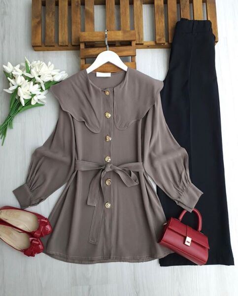 ULBIS BEBE YAKA ÇEŞİTLİ DÜĞMELİ KEMERLİ DİAGONAL CUPRA TUNİK KAP B2-1-5694-25-VİZON - 1