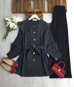 ULBIS BEBE YAKA ÇEŞİTLİ DÜĞMELİ KEMERLİ DİAGONAL CUPRA TUNİK KAP B2-1-5694-58-FÜME - 