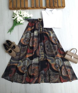 ULGEN SULU DESEN DERİ KEMERLİ BELİ LASTİKLİ ASTARLI ŞİFON ETEK A7-2-6113-01-SİYAH - 