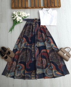 ULGEN SULU DESEN DERİ KEMERLİ BELİ LASTİKLİ ASTARLI ŞİFON ETEK 6113-12-LACİVERT - 