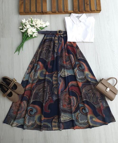 ULGEN SULU DESEN DERİ KEMERLİ BELİ LASTİKLİ ASTARLI ŞİFON ETEK 6113-12-LACİVERT - 1