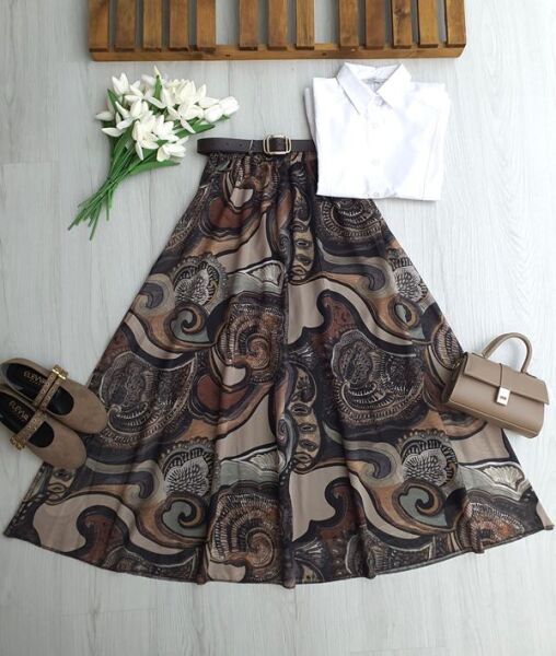 ULGEN SULU DESEN DERİ KEMERLİ BELİ LASTİKLİ ASTARLI ŞİFON ETEK A7-2-6113-37-KAHVE - 1