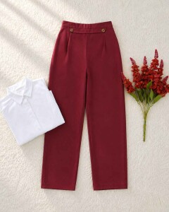 ULHE DÜĞME DETAYLI BELİ ARKADAN LASTİKLİ KETEN PANTOLON C12-6068-04-BORDO - 