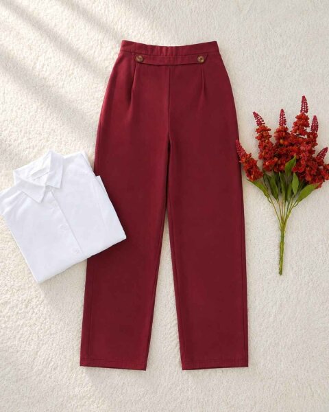 ULHE DÜĞME DETAYLI BELİ ARKADAN LASTİKLİ KETEN PANTOLON C12-6068-04-BORDO - 1