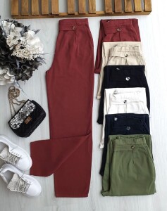 ULHE DÜĞME DETAYLI BELİ ARKADAN LASTİKLİ KETEN PANTOLON 6068-04-BORDO - 