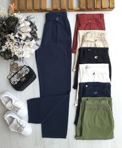 ULHE DÜĞME DETAYLI BELİ ARKADAN LASTİKLİ KETEN PANTOLON 6068-12-LACİVERT - 