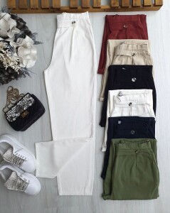 ULHE DÜĞME DETAYLI BELİ ARKADAN LASTİKLİ KETEN PANTOLON 6068-20-BEYAZ - 