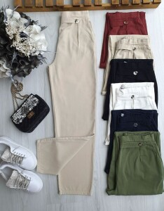 ULHE DÜĞME DETAYLI BELİ ARKADAN LASTİKLİ KETEN PANTOLON 6068-34-BEJ - 