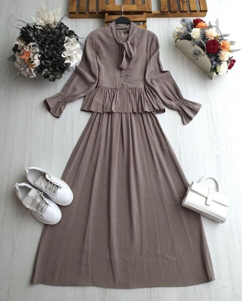 ULNA KRAVAT YAKA CEKET BELİ LASTİKLİ SIFIR KOL ELBİSE TAKIM A8-5-1638-25-VİZON - 2