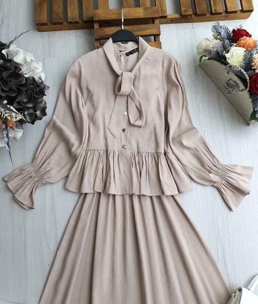 ULNA KRAVAT YAKA CEKET BELİ LASTİKLİ SIFIR KOL ELBİSE TAKIM B11-3-1638-34-BEJ - 1