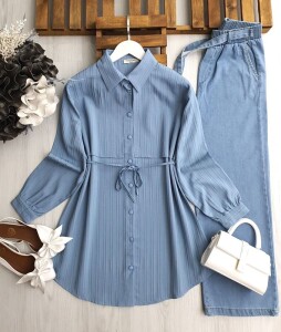 ULQ ÖN PARÇALI BELİ İPLİ SALAŞ GÖMLEK TUNİK B5-5-5553-13-BEBE MAVİ - 