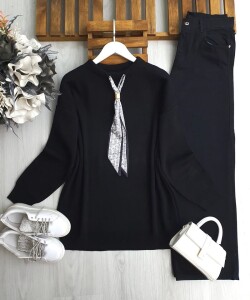 ULSEM ETNİK DESEN FULARLI TRİKO TUNİK 8184-01-SİYAH - 