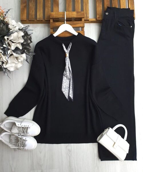 ULSEM ETNİK DESEN FULARLI TRİKO TUNİK 8184-01-SİYAH - 1