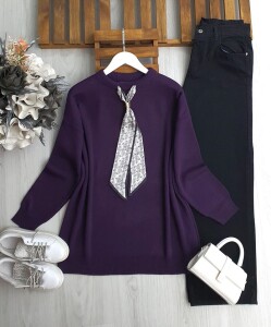 ULSEM ETNİK DESEN FULARLI TRİKO TUNİK 8184-02-MOR - 