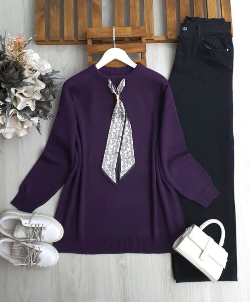 ULSEM ETNİK DESEN FULARLI TRİKO TUNİK 8184-02-MOR - 1