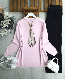 ULSEM ETNİK DESEN FULARLI TRİKO TUNİK 8184-05-PUDRA - 