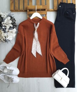 ULSEM ETNİK DESEN FULARLI TRİKO TUNİK 8184-06-KİREMİT - 