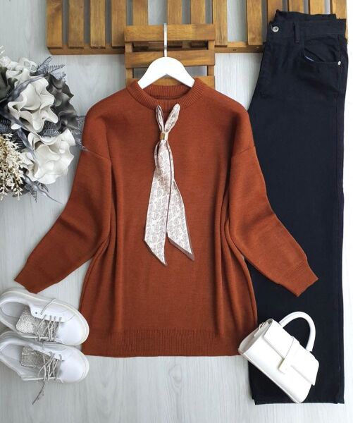 ULSEM ETNİK DESEN FULARLI TRİKO TUNİK 8184-06-KİREMİT - 1