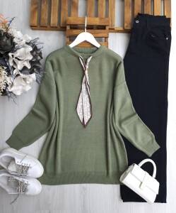 ULSEM ETNİK DESEN FULARLI TRİKO TUNİK 8184-09-HAKİ - 