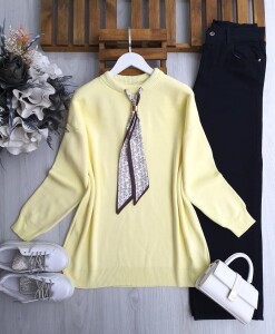 ULSEM ETNİK DESEN FULARLI TRİKO TUNİK 8184-23-SARI - 