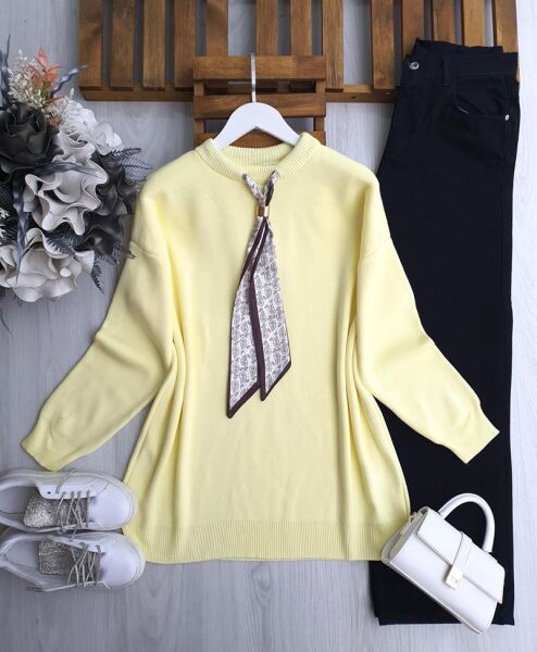 ULSEM ETNİK DESEN FULARLI TRİKO TUNİK 8184-23-SARI - 1