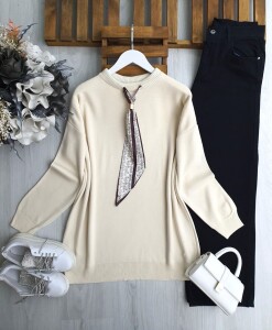 ULSEM ETNİK DESEN FULARLI TRİKO TUNİK 8184-34-BEJ - 