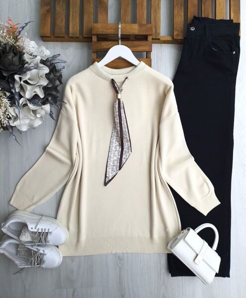 ULSEM ETNİK DESEN FULARLI TRİKO TUNİK 8184-34-BEJ - 1