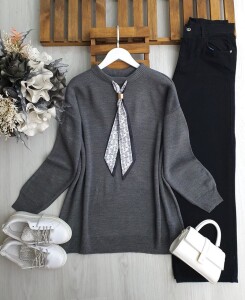 ULSEM ETNİK DESEN FULARLI TRİKO TUNİK 8184-58-FÜME - 