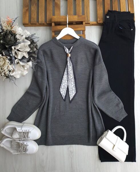 ULSEM ETNİK DESEN FULARLI TRİKO TUNİK 8184-58-FÜME - 1