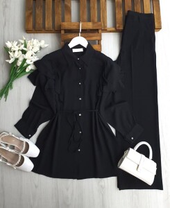 UMEY OMUZ FIRFIRLI BÜRÜMCÜK GÖMLEK TUNİK B5-3-5663-01-SİYAH - 1