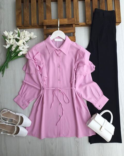 UMEY OMUZ FIRFIRLI BÜRÜMCÜK GÖMLEK TUNİK B5-3-5663-05-PUDRA - 1