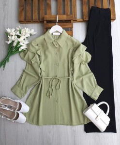 UMEY OMUZ FIRFIRLI BÜRÜMCÜK GÖMLEK TUNİK B5-3-5663-07-YEŞİL - 1