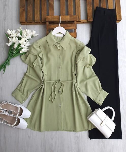 UMEY OMUZ FIRFIRLI BÜRÜMCÜK GÖMLEK TUNİK B5-3-5663-07-YEŞİL - 1