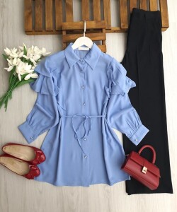 UMEY OMUZ FIRFIRLI BÜRÜMCÜK GÖMLEK TUNİK B5-3-5663-10-MAVİ - 1