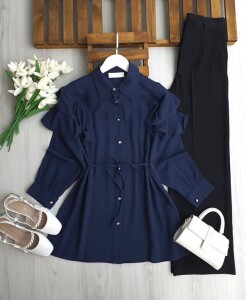 UMEY OMUZ FIRFIRLI BÜRÜMCÜK GÖMLEK TUNİK B5-3-5663-12-LACİVERT - 1