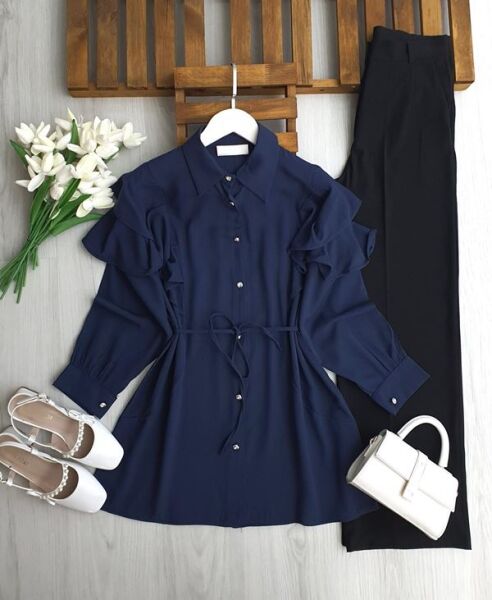 UMEY OMUZ FIRFIRLI BÜRÜMCÜK GÖMLEK TUNİK B5-3-5663-12-LACİVERT - 1