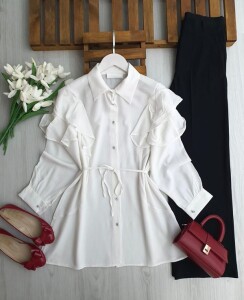 UMEY OMUZ FIRFIRLI BÜRÜMCÜK GÖMLEK TUNİK B5-3-5663-20-BEYAZ - 1