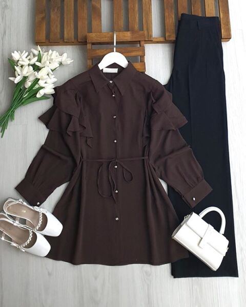 UMEY OMUZ FIRFIRLI BÜRÜMCÜK GÖMLEK TUNİK B5-3-5663-37-KAHVE - 1