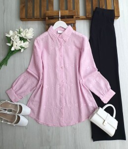 UNGE KENDİNDEN DESENLİ JAKARLI GÖMLEK TUNİK 5682-05-PUDRA - 