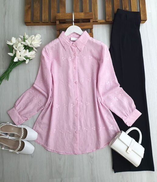 UNGE KENDİNDEN DESENLİ JAKARLI GÖMLEK TUNİK 5682-05-PUDRA - 1